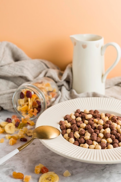 Photo gratuite bol de céréales à angle élevé avec fruits secs