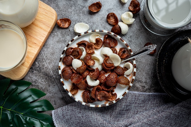 Un bol de céréales, céréales au chocolat mélangé avec du lait pour le petit déjeuner.