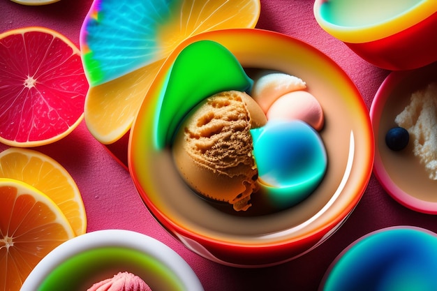 Un bol de crème glacée colorée avec des bols colorés sur la table.