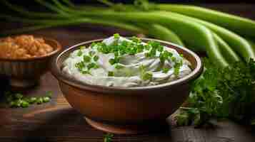 Photo gratuite un bol de crème sure fraîche surmonté d'oignons verts vibrants sur une table rustique