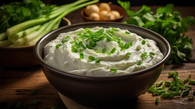 Un bol de crème sure fraîche surmonté d'oignons verts vibrants sur une table rustique