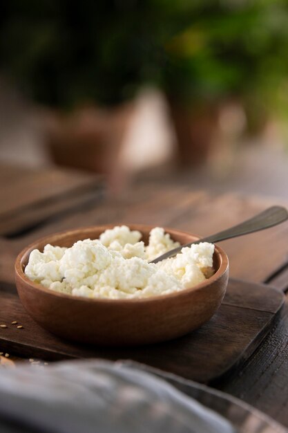 Bol avec un délicieux fromage à angle élevé