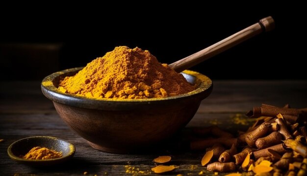 Bol d'épices bio curcuma chili et cumin généré par IA