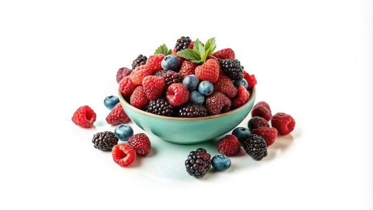 Photo gratuit un bol de framboises fraîches, de myrtilles et de bleuets sur un fond blanc