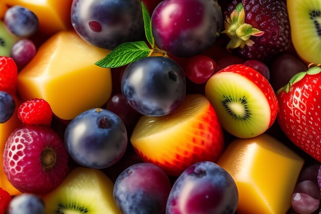 Un bol de fruits avec une feuille verte à côté