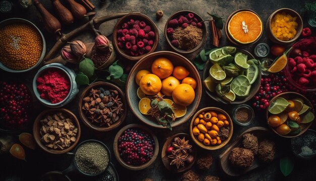 Bol de fruits frais avec variété biologique et épices générées par l'IA