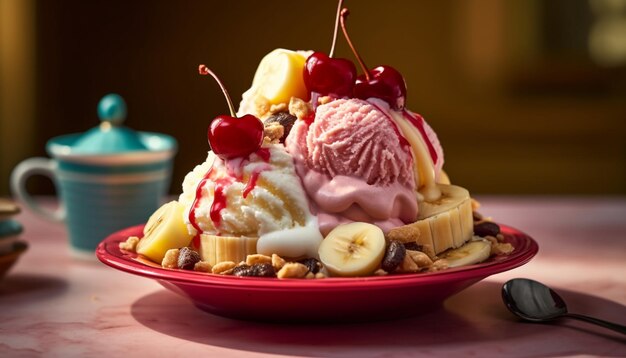 Un bol de glace à la banane fendue avec une banane fendue et des bananes sur le dessus.