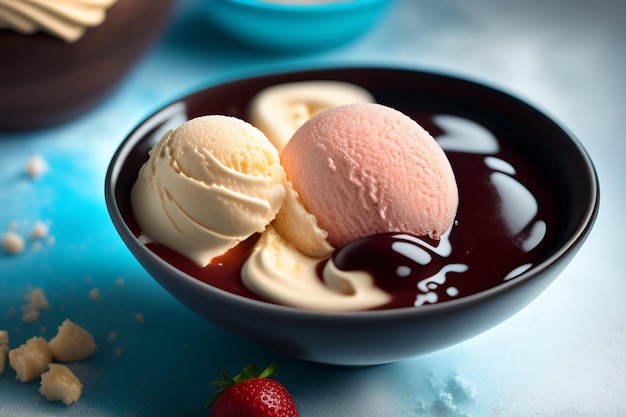 Un bol de glace à la fraise avec une boule de glace à la vanille sur le dessus.