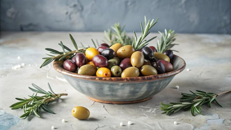 Photo gratuit un bol d'olives assorties avec des brindilles de romarin sur un fond de texture claire