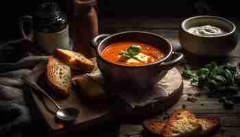 Photo gratuite bol rustique de soupe de chaudrée de légumes gastronomique générée par l'ia