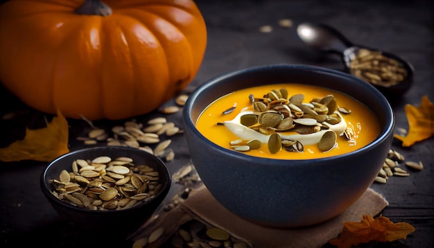 Photo gratuite bol rustique de soupe à la citrouille avec granola généré par l'ia