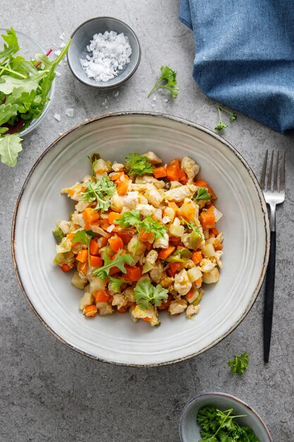 Photo gratuite bol sain avec du poulet et des légumes