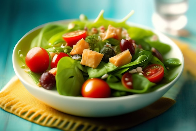 Photo gratuite un bol de salade d'épinards avec du fromage et des tomates