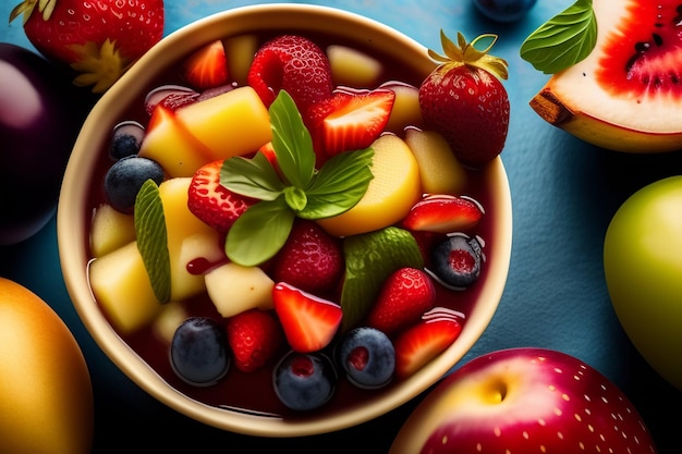 Photo gratuite un bol de salade de fruits avec des feuilles de menthe et des fraises