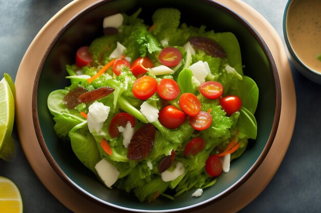 Un bol de salade avec des tomates, du fromage et de la laitue.