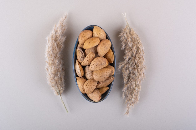 Bol sombre d'amandes biologiques décortiquées sur fond blanc. photo de haute qualité