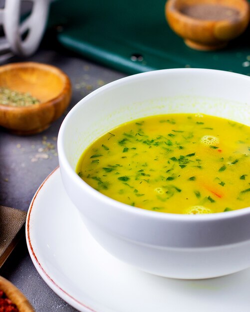 Un bol de soupe aux légumes garni de coriandre