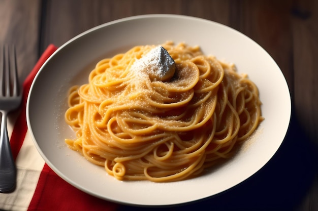 Un bol de spaghetti avec une boule d'argent sur le dessus