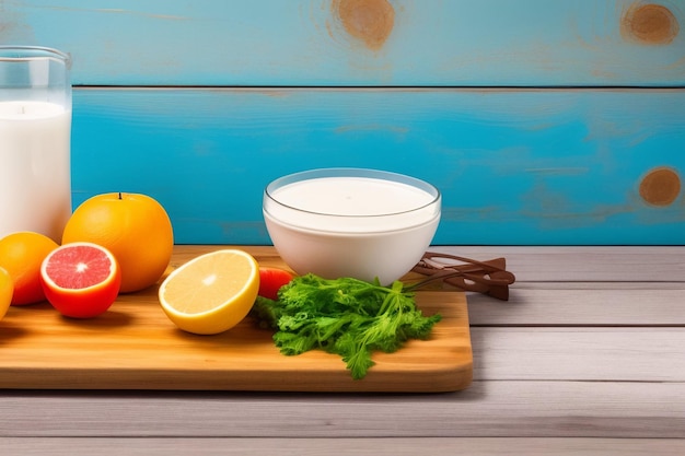 Photo gratuite un bol de yaourt avec un citron et un bol de yaourt sur une planche de bois.