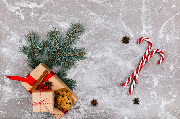 Bonbons blancs rouges, branche de sapin, boîte actuelle et biscuits sur sol gris