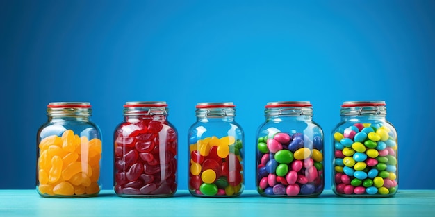 Photo gratuite des bonbons colorés dans des pots sur un fond bleu vif