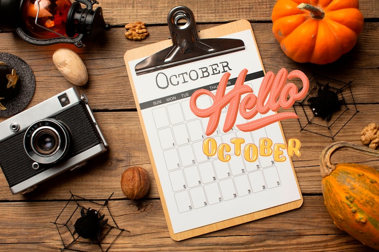 Photo gratuit bonjour fond d'octobre avec calendrier