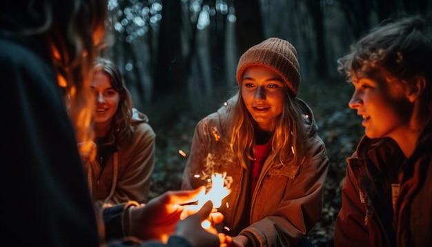 Bonne liaison de groupe par un feu de camp au crépuscule généré par l'IA