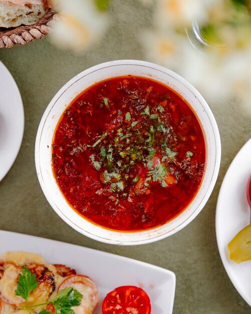 Borsch dans une vue de dessus de bol