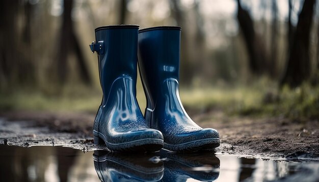 Des bottes en caoutchouc boueuses reflètent la scène de la nature automnale générée par l'IA