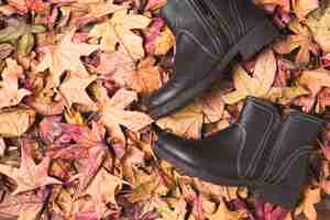 Photo gratuite bottes plates poser sur fond de feuilles