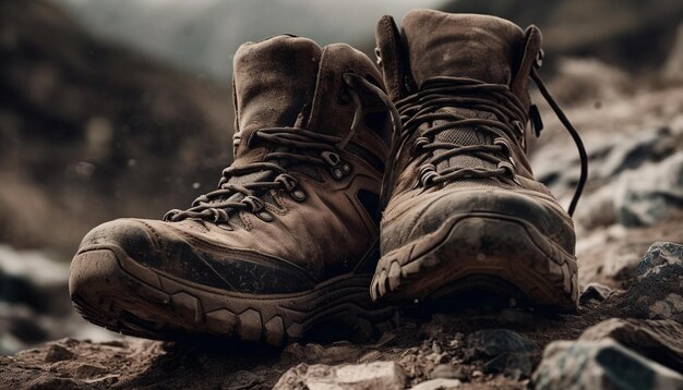 Des bottes de randonnée en cuir recouvertes de boue traversent la nature générées par l'IA