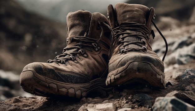 Des bottes de randonnée en cuir recouvertes de boue traversent la nature générées par l'IA