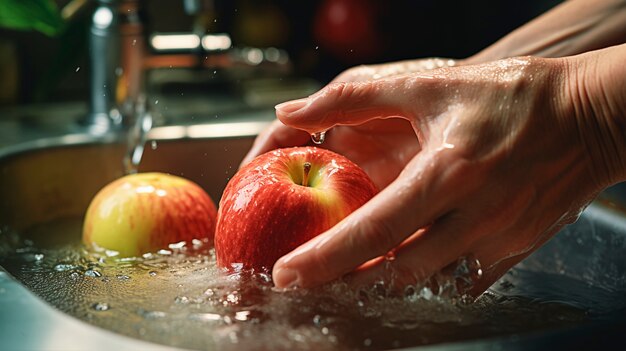 Bouchent les mains lavant les pommes