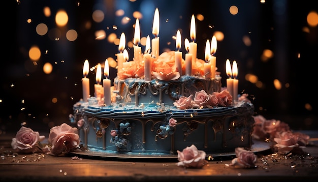 Photo gratuite une bougie brûlante éclaire un doux gâteau d'anniversaire une célébration de l'amour générée par l'intelligence artificielle
