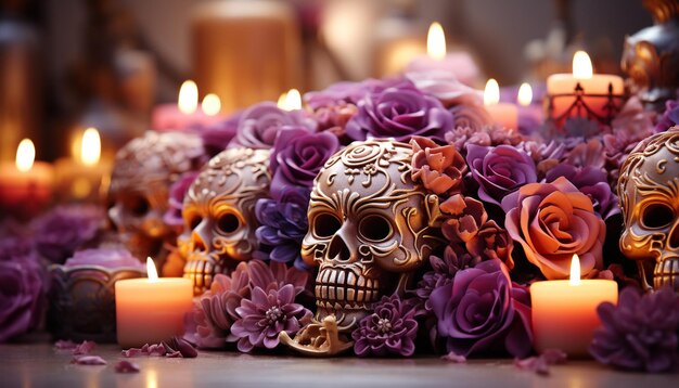 Des bougies lumineuses illuminent la décoration effrayante d'Halloween sur la table générée par l'intelligence artificielle