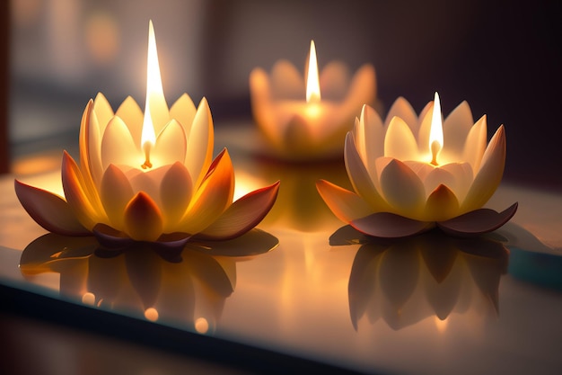 Bougies sur une table avec le mot lotus dessus