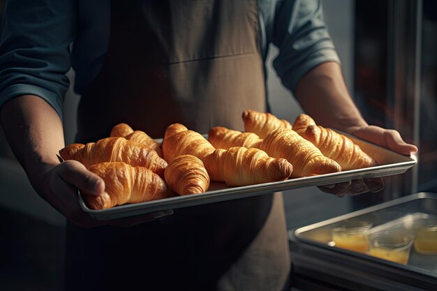 Boulanger tenant un plateau en métal plein de croissants frais illuminés d'une belle lumière de la fenêtre Ai générative