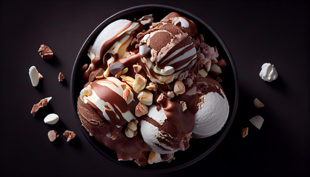 Photo gratuite boule de crème glacée au chocolat indulgente sur un matériau en bois ia générative