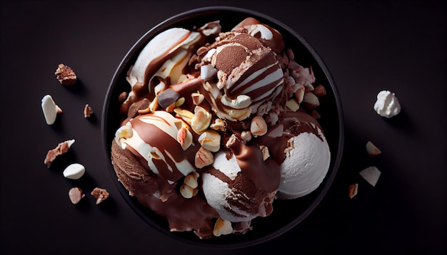 Boule de crème glacée au chocolat indulgente sur un matériau en bois IA générative