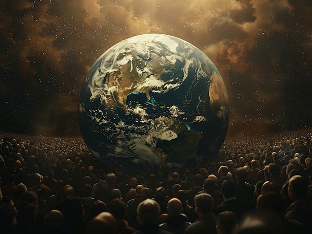 Une boule du monde entourée de gens.