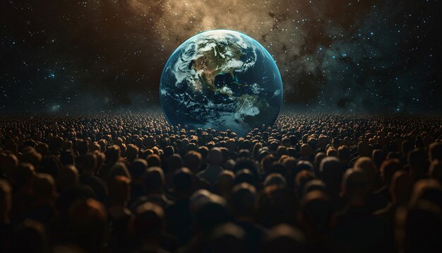 Une boule du monde entourée de gens.