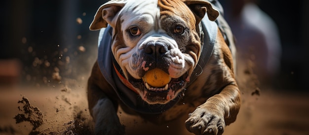 Photo gratuite bouledogue anglais jouant avec une balle dans le sable en gros plan