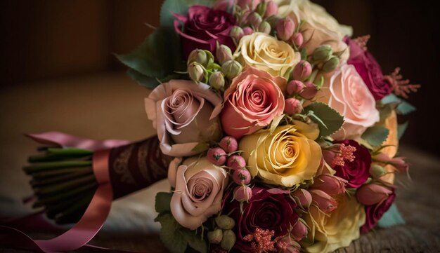 Un bouquet de fleurs fraîches ajoute de l'élégance à la célébration AI générative