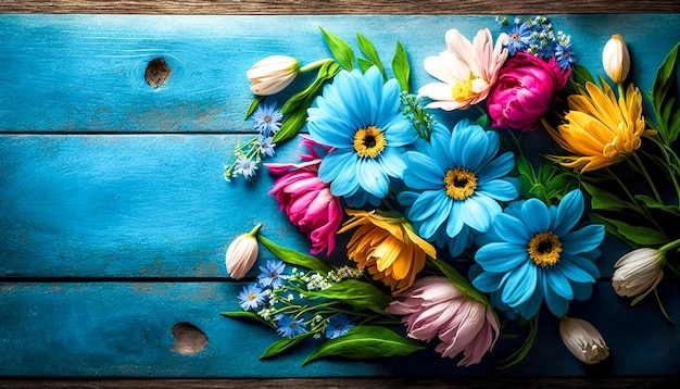 Bouquet de fleurs de printemps sur un fond en bois bleu IA générative