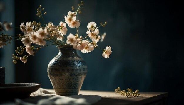 Bouquet frais dans un vase rustique sur une table en bois généré par l'IA