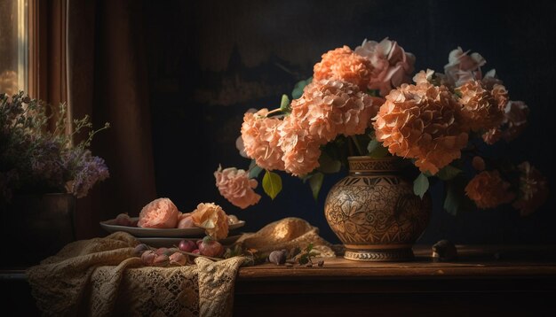 Bouquet d'hortensias dans un pot de fleurs antique généré par l'IA