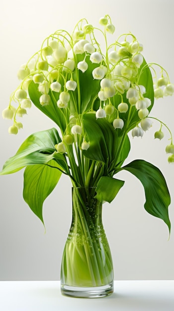 Photo gratuite bouquet de muguet dans un vase sur fond beige délicat carte de vacances bannière verticale