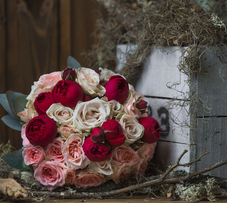 Photo gratuit bouquet de pivoines rose clair et profond debout sur la porte