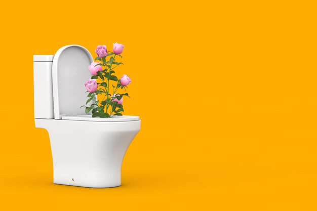 Bouquet de roses roses dans une cuvette de toilette en céramique blanche moderne sur fond jaune. rendu 3d