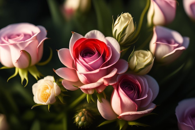 Un bouquet de roses roses dont l'une a une rose rouge.